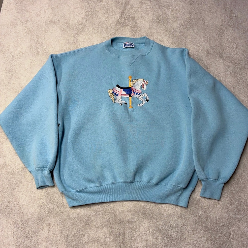 Vintage 90s Boxy Sweatshirt Embroidered Carousel Horse Made in USA Mens XL